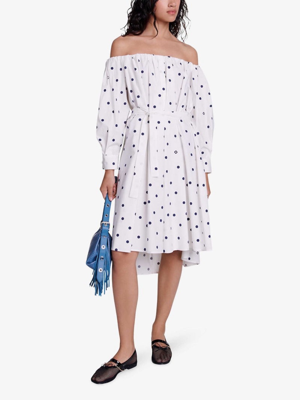 Maje White Off-Shoulder Polka Dot Tie-Waist Dress - Picture 2 of 7